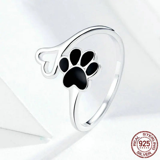 Adjustable Silver Paw Print Heart Ring